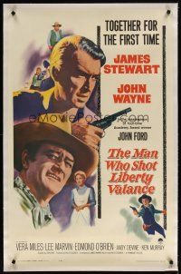 5j357 MAN WHO SHOT LIBERTY VALANCE linen 1sh '62 John Wayne & James Stewart 1st time together, Ford