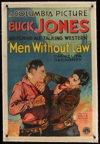 5j361 MEN WITHOUT LAW linen 1sh '30 art of cowboy Buck Jones fighting bad guy, all talking western!