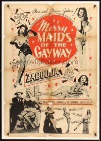 5j362 MERRY MAIDS OF THE GAY WAY linen 1sh '54 half-naked burlesque dancers, Stars & Strips galore!