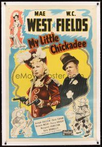 5j368 MY LITTLE CHICKADEE linen 1sh R48 W.C. Fields, Mae West with two guns + cartoon cowboy art!