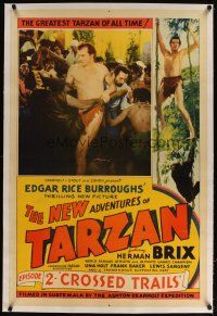 5j371 NEW ADVENTURES OF TARZAN linen chapter 2 1sh '35 Herman Brix with chimp on vines & fighting!
