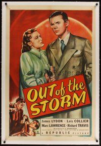 5j379 OUT OF THE STORM linen 1sh '48 cool close up art of Jimmy Lydon pointing gun by Lois Collier!
