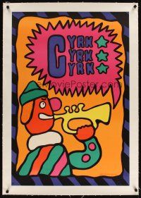 5j062 CYRK linen Polish commercial poster '80s colorful Jan Mlodozeniec art of clown with trumpet!
