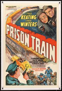5j390 PRISON TRAIN linen 1sh '38 Fred Keating, cool car racing alongside train artwork!