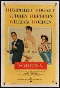 5j404 SABRINA linen 1sh '54 art of Audrey Hepburn, Humphrey Bogart, & William Holden, Billy Wilder!