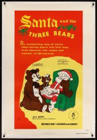 5j406 SANTA & THE THREE BEARS linen 1sh '70 Christmas cartoon, cute Holiday artwork!