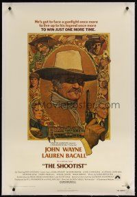 5j415 SHOOTIST linen 1sh '76 best Richard Amsel artwork of cowboy John Wayne & cast montage!