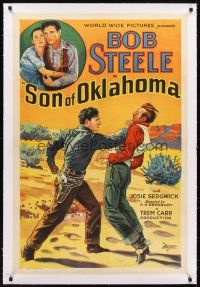 5j421 SON OF OKLAHOMA linen 1sh '32 great stone litho art of Bob Steele punching out bad guy!