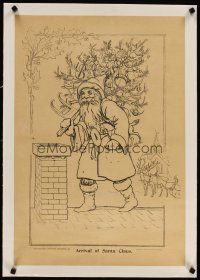 5j070 ARRIVAL OF SANTA CLAUS linen 19x27 art print 1894 great image with Christmas tree & reindeer!