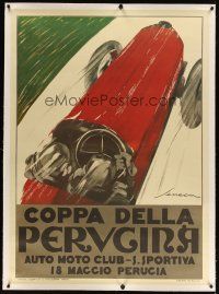 5j041 COPPA DELLA PERUGINA linen Italian 39x53 '60 Frederico Seneca race car art from 1925 original!