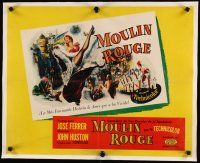 5j215 MOULIN ROUGE linen special 21x27 '52 great artwork of sexy French dancer kicking leg!