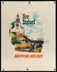 5j036 AMERICAN AIRLINES NEW ENGLAND linen travel poster '50s art of church & ship by Bern Hill!