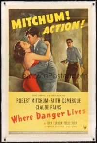 5j457 WHERE DANGER LIVES linen 1sh '50 classic art of Robert Mitchum holding Faith Domergue + Rains