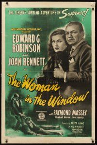 5j462 WOMAN IN THE WINDOW linen 1sh '44 Fritz Lang, art of Edward G. Robinson & sexy Joan Bennett!