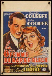 5k406 BLUEBEARD'S EIGHTH WIFE 11x16 Belgian '40s wacky art of Claudette Colbert & Gary Cooper!