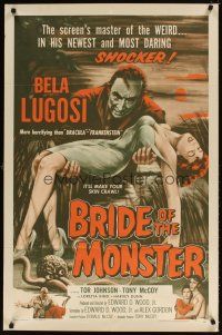 5k079 BRIDE OF THE MONSTER 1sh '56 Ed Wood, great art of Bela Lugosi carrying sexy girl!