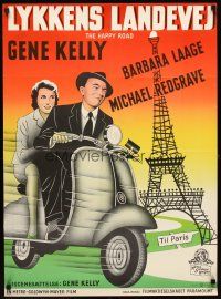 5k484 HAPPY ROAD Danish '57 romantic art of Gene Kelly & Barbara Laage riding Vespa in Paris!