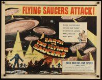 5k184 EARTH VS. THE FLYING SAUCERS style B 1/2sh '56 sci-fi classic, cool art of UFOs & aliens!