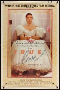 5k172 TRUE LOVE 1sh '89 wacky image of Annabella Sciorra as bride on toilet!