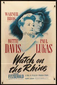 5k140 WATCH ON THE RHINE 1sh '43 Bette Davis & Paul Lukas, by Dashiell Hammett & Lillian Hellman!