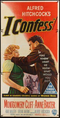 5m184 I CONFESS Aust 3sh '53 Alfred Hitchcock, art of Montgomery Clift shaking Ann Baxter!