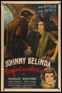 5m080 JOHNNY BELINDA French 31x47 '49 art of Best Actress winner Jane Wyman about to be raped!