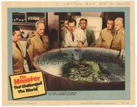 5m362 MONSTER THAT CHALLENGED THE WORLD LC #4 '57 Tim Holt & men examine creature in water tank!