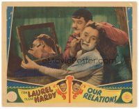 5m367 OUR RELATIONS LC '36 wacky image of Oliver Hardy giving Stan Laurel a shave by mirror!