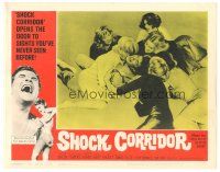 5m391 SHOCK CORRIDOR LC #5 '63 Sam Fuller, wacky close up of Peter Breck attacked by pretty girls!