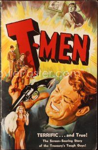 5m069 T-MEN pressbook '48 Anthony Mann film noir, cool art of sexy bad girl & man with gun!