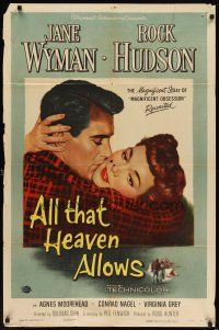 5p030 ALL THAT HEAVEN ALLOWS 1sh '55 close up romantic art of Rock Hudson kissing Jane Wyman!