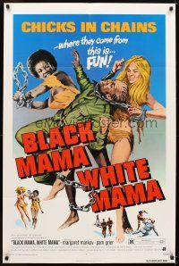 5p085 BLACK MAMA WHITE MAMA 1sh '72 classic wacky sexy art of two barely dressed chicks w/chains!