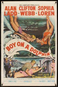 5p108 BOY ON A DOLPHIN 1sh '57 art of Alan Ladd & sexiest Sophia Loren swimming underwater!