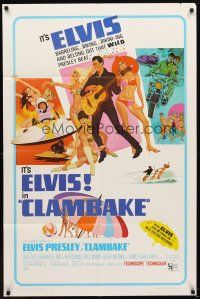 5p153 CLAMBAKE 1sh '67 cool art of Elvis Presley in speed boat with sexy babes, rock & roll!