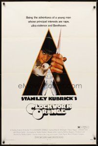 5p156 CLOCKWORK ORANGE r-rated 1sh '72 Stanley Kubrick classic, Philip Castle art of McDowell!