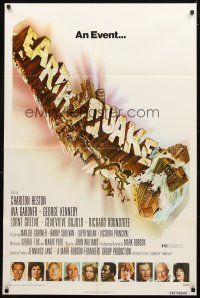 5p246 EARTHQUAKE 1sh '74 Charlton Heston, Ava Gardner, cool Joseph Smith disaster title art!