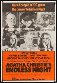 5p265 ENDLESS NIGHT English 1sh '72 Hayley Mills in Agatha Christie best seller, Hywel Bennett!