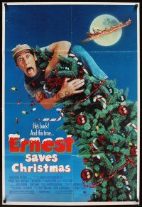 5p268 ERNEST SAVES CHRISTMAS 1sh '88 great image of Jim Varney falling off Christmas tree!