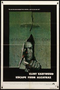 5p272 ESCAPE FROM ALCATRAZ 1sh '79 cool artwork of Clint Eastwood busting out by Lettick!