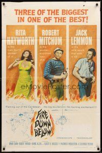 5p316 FIRE DOWN BELOW 1sh '57 sexy Rita Hayworth, Robert Mitchum & Jack Lemmon!