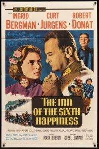5p469 INN OF THE SIXTH HAPPINESS 1sh '59 close up of Ingrid Bergman & Curt Jurgens, Robert Donat