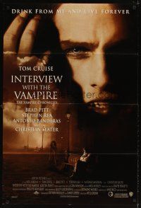 5p472 INTERVIEW WITH THE VAMPIRE advance DS 1sh '94 close up of fanged Tom Cruise, Anne Rice!