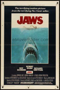5p480 JAWS 1sh '75 Steven Spielberg classic man-eating shark attacking sexy swimmer!