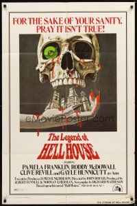 5p515 LEGEND OF HELL HOUSE 1sh '73 great skull & haunted house dripping with blood art by B.T.!