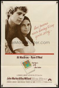 5p535 LOVE STORY 1sh '70 great romantic close up of Ali MacGraw & Ryan O'Neal!