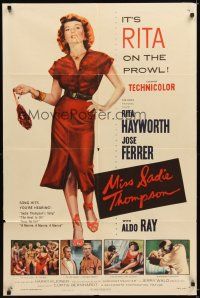 5p001 MISS SADIE THOMPSON 1sh '53 sexy smoking Rita Hayworth swinging purse & turning it on!
