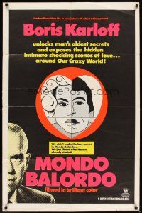 5p579 MONDO BALORDO 1sh '67 Boris Karloff unlocks man's oldest oddities & shocking scenes!