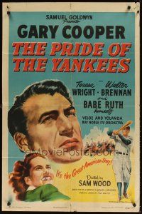 5p685 PRIDE OF THE YANKEES style A 1sh R49 Gary Cooper as Lou Gehrig, Babe Ruth himself in uniform!