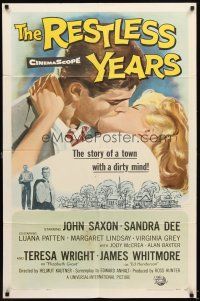 5p716 RESTLESS YEARS 1sh '58 John Saxon & Sandra Dee are condemned by a town with a dirty mind!