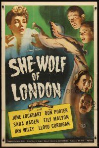 5p780 SHE-WOLF OF LONDON 1sh '46 cool art of spooky female hooded phantom + cast headshots!